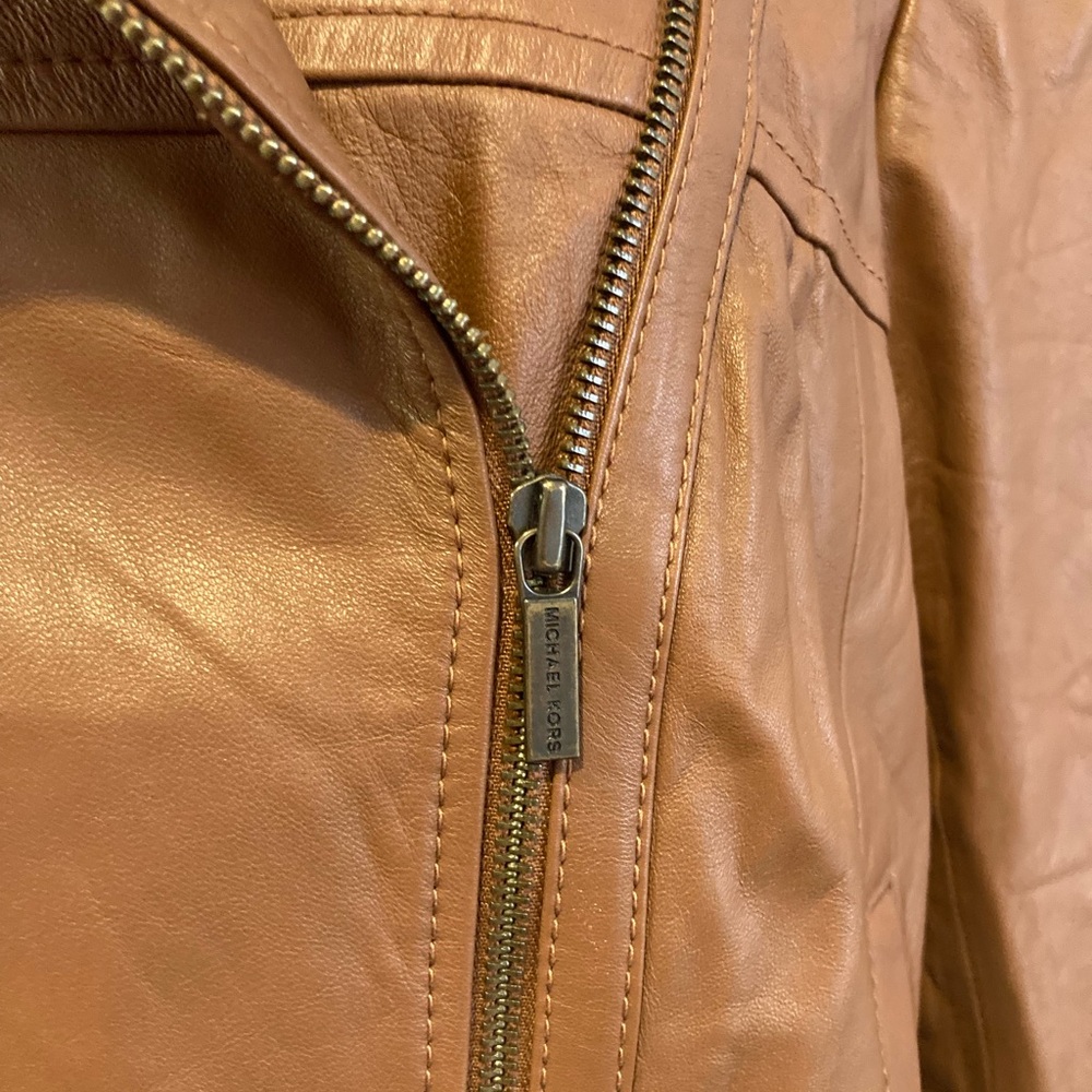 MICHAEL Michael Kors Leather Moto Jacket in Luggage - Picture 9 of 14